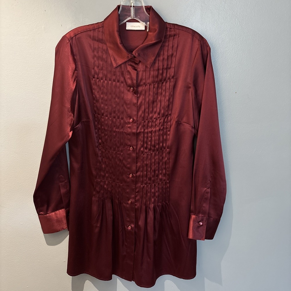 Chico's Button Up Blouse Burgundy Red Shimmery Silky Lagenlook Classic‎ Sz Small